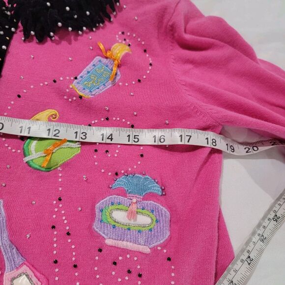 Jack B Quick Womens Full Zip Sweater Size Medium Pink Embroidered Perfume Bottle - Picture 9 of 9